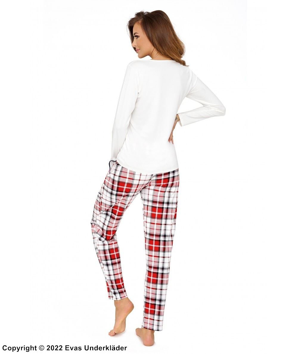 Pyjamas med top och byxa i mjukt bomull med långa ärmar och fickor, skotsk-rutigt mönster
